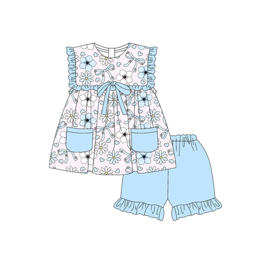 Preorder moq 5 Baby Girls Blue Sleeveless Bows Flowers Tunic Ruffle Short Set