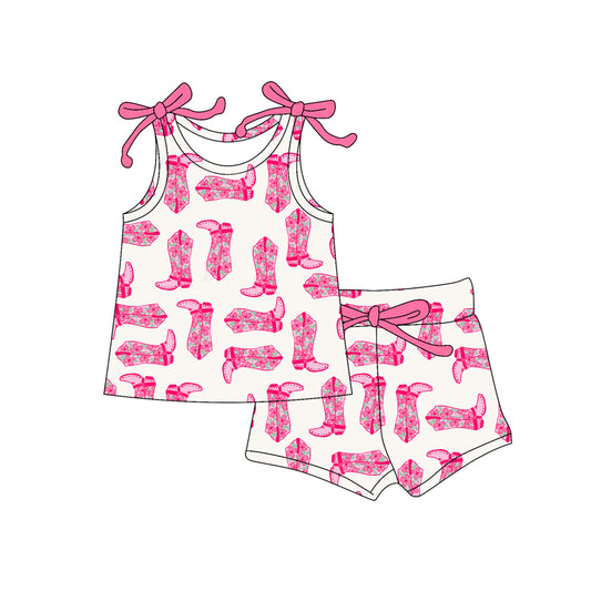 Preorder (moq 5)Baby Girls Bows Sleeveless Pink Boots Top Shorts Set