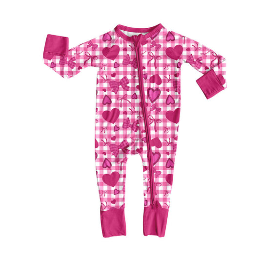 Preorder (moq 8)Baby Girls Hot Pink Checked Bows Hearts Valentine Zipper Footie Rompers
