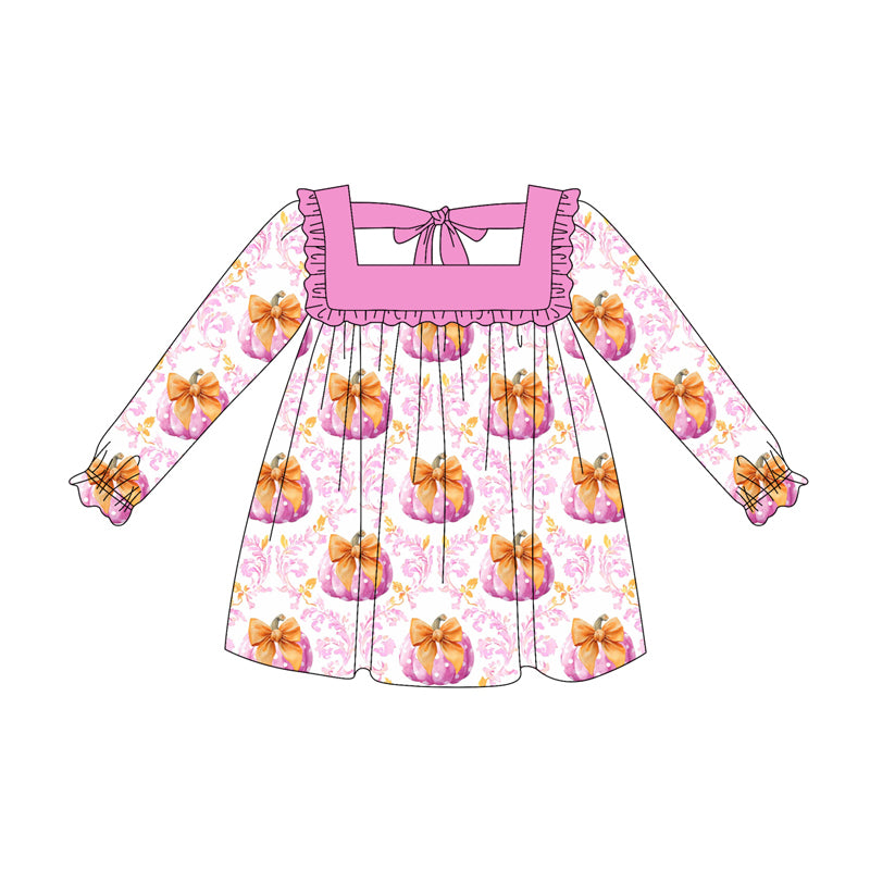 Preorder (moq 5)Baby Girls Long Ruffle Sleeves Pink Floral Pumpkins Knee Length Dresses