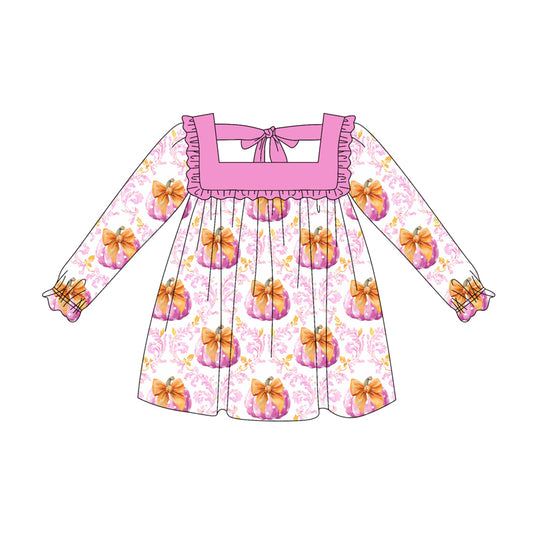 Preorder (moq 5)Baby Girls Long Ruffle Sleeves Pink Floral Pumpkins Knee Length Dresses