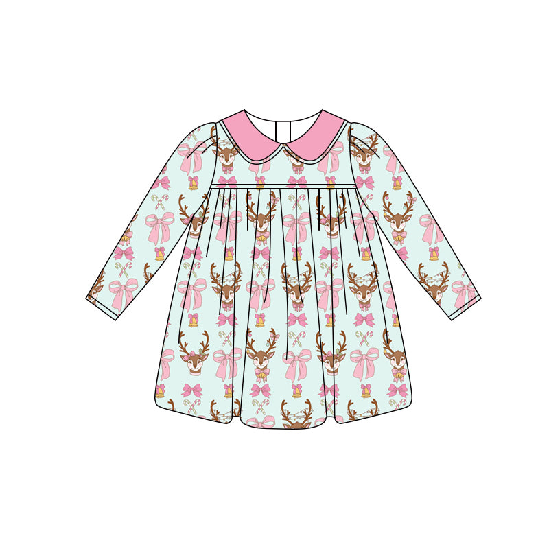 Preorder (moq 5)Baby Girls Blue Long Sleeves Bows Deer Candy Cane Knee Length Dresses