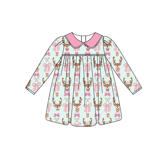 Preorder (moq 5)Baby Girls Blue Long Sleeves Bows Deer Candy Cane Knee Length Dresses