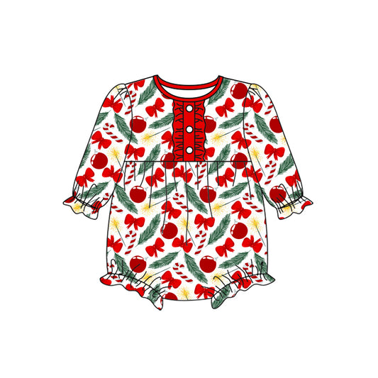 Preorder (moq 5)Baby Girls Long Sleeves Red Bows Cherry Button Ruffle Rompers