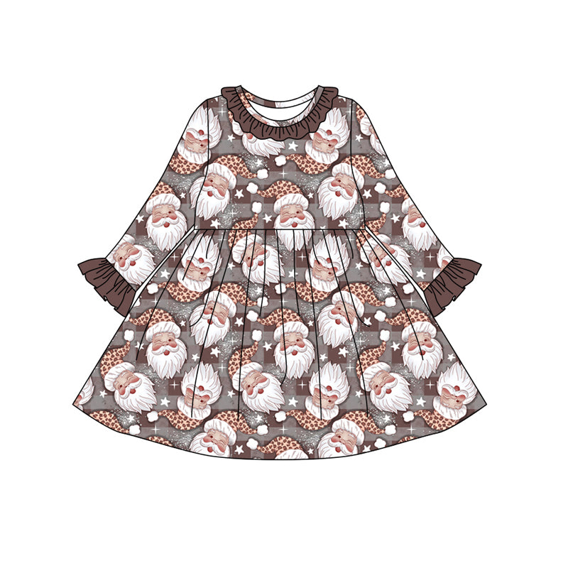 Preorder(moq 5) Baby Girls Brown Long Ruffle Sleeves Santa Plaid Knee Length Dresses