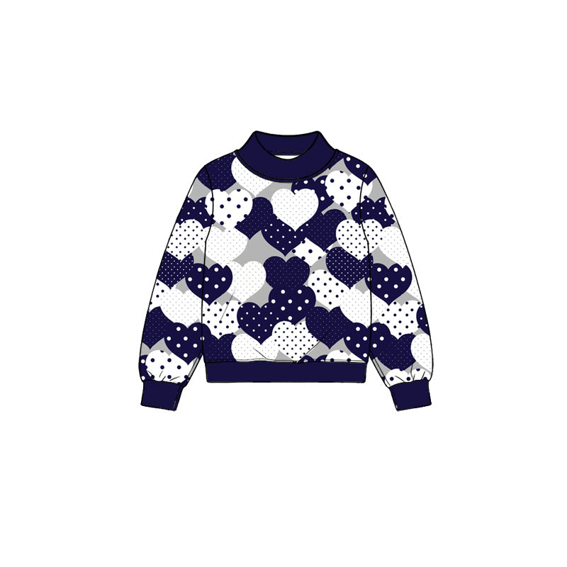 Preorder (moq 5) Baby Girl Clothes Navy White Polka Dot Heart Mixed Print Long Sleeve Mock Neck Sweatshirt