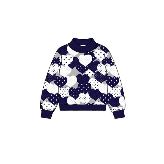 Preorder (moq 5) Baby Girl Clothes Navy White Polka Dot Heart Mixed Print Long Sleeve Mock Neck Sweatshirt