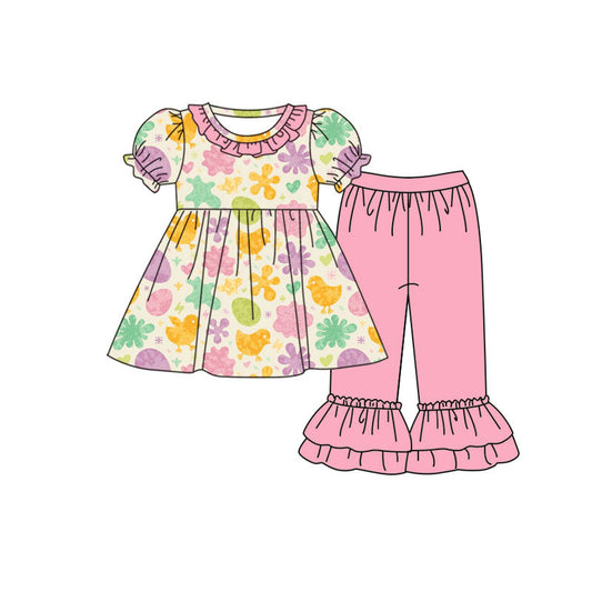 Preorder(moq 8)Baby Girls Colorful Eggs Chicks Flowers Tunic Ruffle Pants Easter Clothes Sets