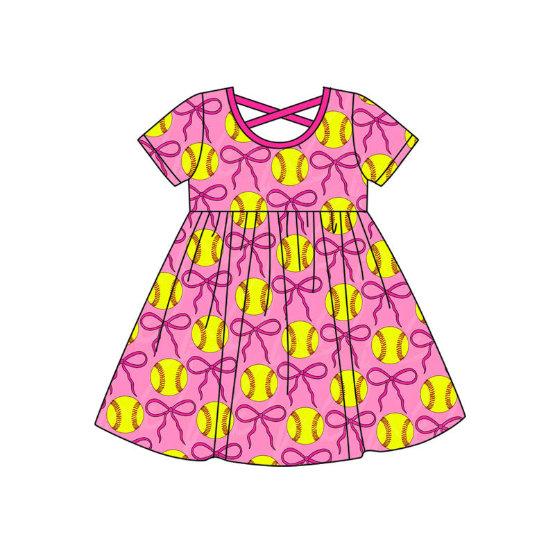 Preorder(moq 8)Baby Girls Hot Pink Bows Baseballs Plaid Team Knee Length Dresses