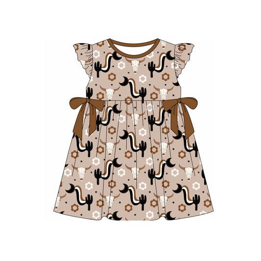 Preorder (moq 5)Baby Girls Western Cow Cactus Brown Flutter Sleeve Knee Length Dresses
