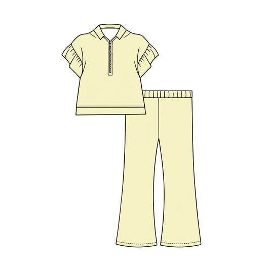 Preorder (moq 5)Baby Girls Yellow Short Ruffle Sleeve Zip Pullovers Flare Pants Clothes Sets
