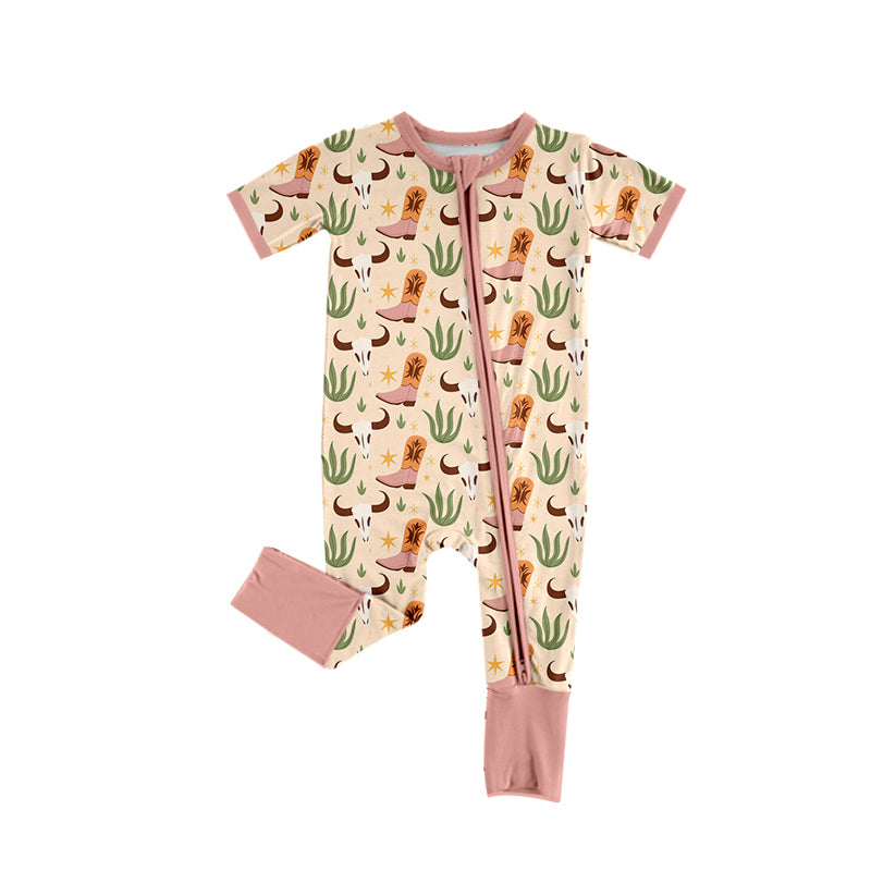 Preorder (moq 5)Baby Boys Peach Short Sleeves Bull Skull Cactus Zipper Rompers