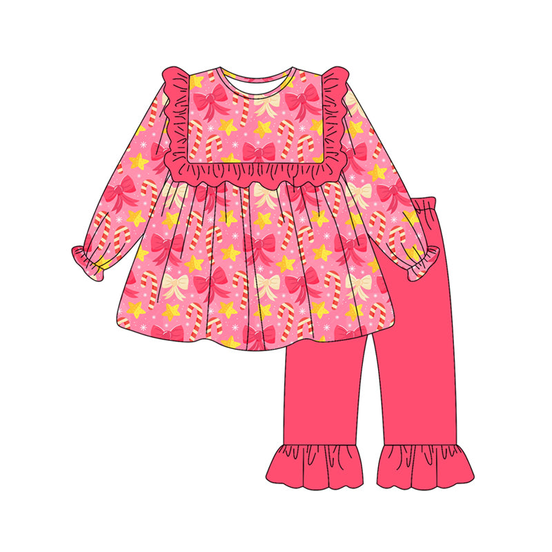 Preorder (moq 5)Baby Girls Red Long Ruffle Sleeves Candy Cane Bows Tunic Pant Set