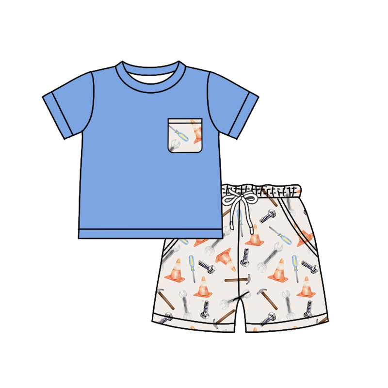 Preorder moq 5 Baby Boys Blue Short Sleeves Pocket Top Tools Short Set