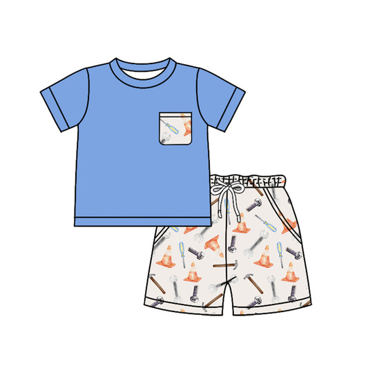 Preorder moq 5 Baby Boys Blue Short Sleeves Pocket Top Tools Short Set