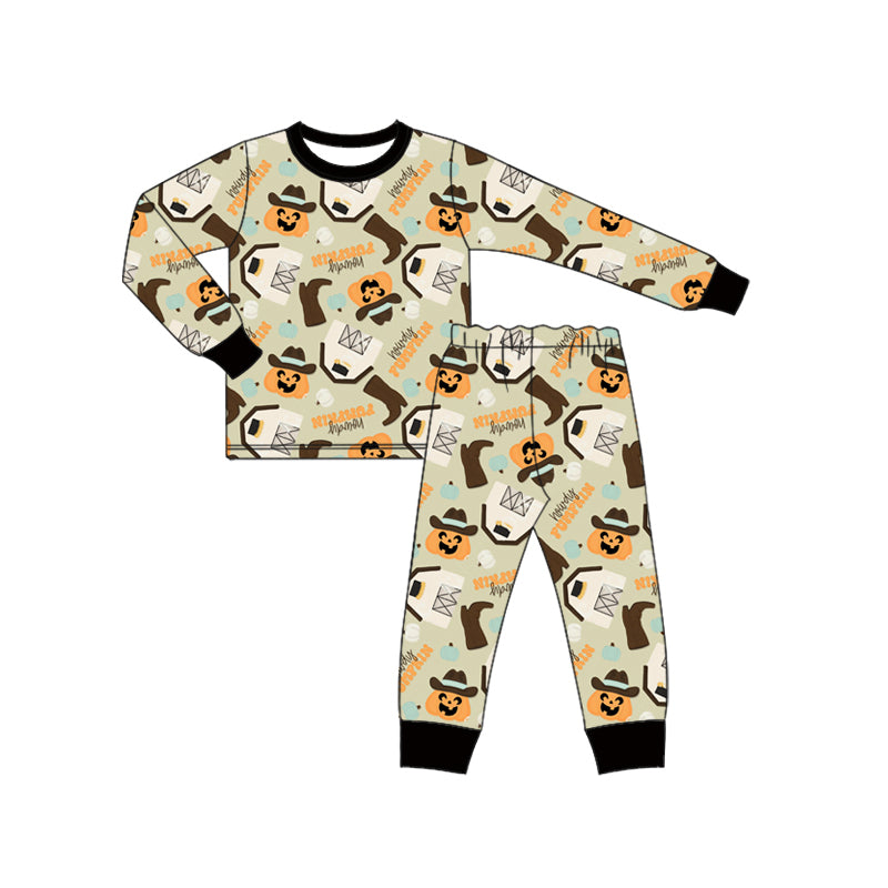 Preorder (moq 5)Baby Boys Green Long Sleeves Ghost Pumpkins Top Pant Pajamas Set