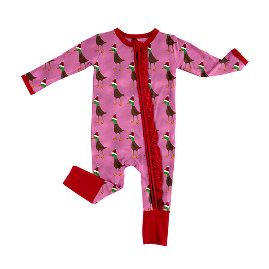 Preorder (moq 5)Baby Girls Hot Pink Long Sleeves Hats Ducks Zipper Rompers