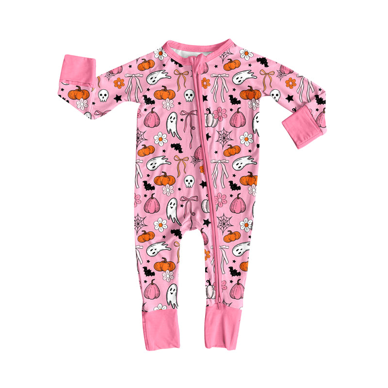 Preorder (moq 5)Baby Girls Long Sleeves Pink Ghosts Pumpkins Plaid Zipper Pant Romper