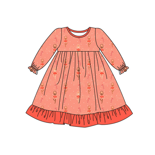 Preorder (moq 5)Baby Girls Red Long Ruffle Sleeves Dancers Candy Cane Knee Length Dresses