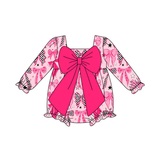 Preorder (moq 8)Baby Girls Pink Stars Bows Valentine Ruffle Rompers