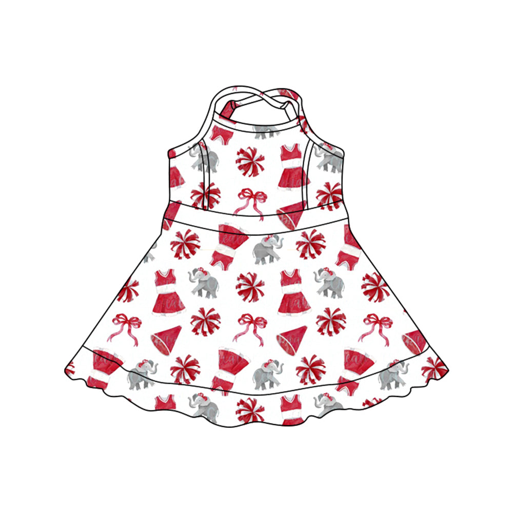 Preorder (moq 5)Baby Girls Strap Bows Elephants Team Cheer Shorts Knee Length Dresses
