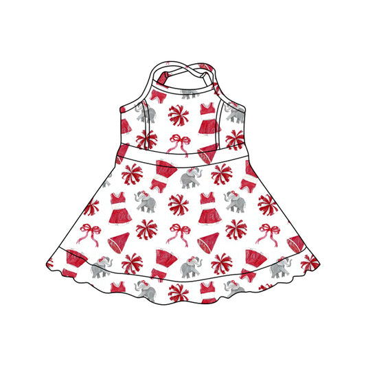 Preorder (moq 5)Baby Girls Strap Bows Elephants Team Cheer Shorts Knee Length Dresses