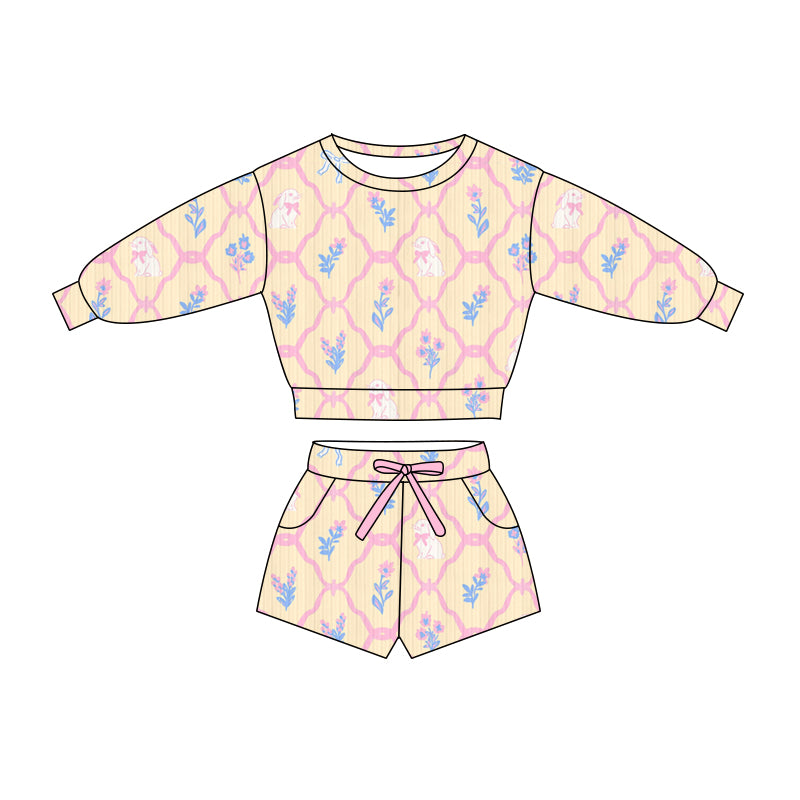 Preorder (moq 5)Baby Girls Flowers Rabbits Checked Top Pockets Shorts Easter Clothes Sets