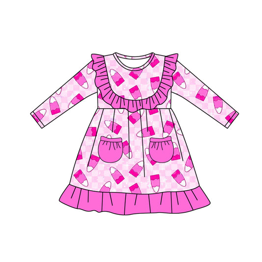 Preorder moq 5 Baby Girls Long Sleeves Hot Pink Pockets Candy Knee Length Dresses