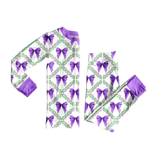 Preorder (moq 5)Baby Girls Mardi Gras Purple Bows Checked Top Pants Pajamas Sets