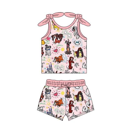 Preorder moq 5 Baby Girls Bows Sleeveless Cartoon Dogs Top Pockets Short Set
