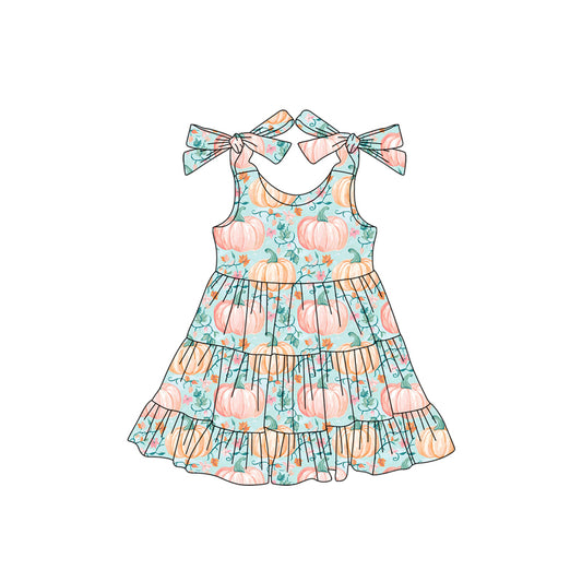 Preorder (moq 5)Baby Girls Bows Sleeveless Blue Flowers Pumpkins Plaid Ruffle Knee Length Dresses