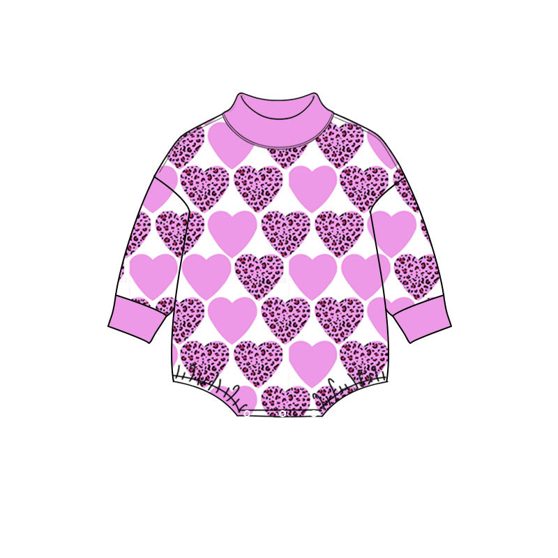 Preorder (moq 5) Baby Girl Clothes Valentine Lavender Solid And Leopard Heart Checker Print Long Sleeve Turtleneck Romper