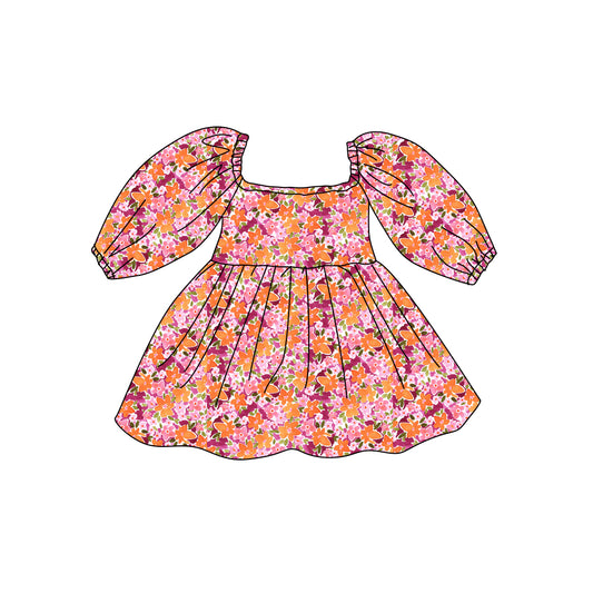 Preorder (moq 5)Baby Girls Long Sleeve Colorful Flowers Knee Length Dresses