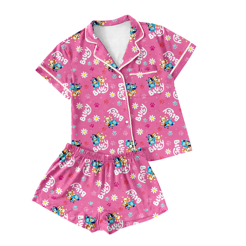 Preorder(moq 5)Adult Women Hot Pink Cartoon Dogs Paws Buttons Pocket Tee Shirts Shorts Pajamas Sets