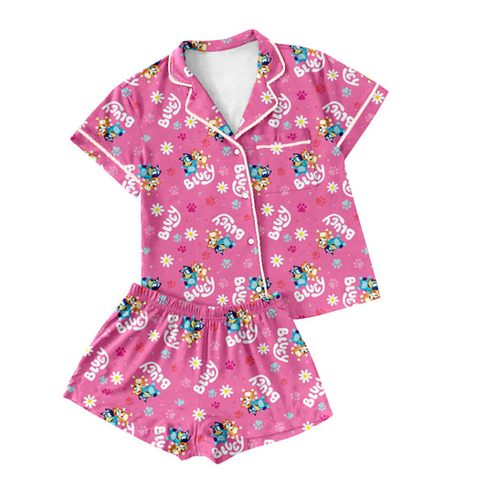 Preorder(moq 5)Adult Women Hot Pink Cartoon Dogs Paws Buttons Pocket Tee Shirts Shorts Pajamas Sets