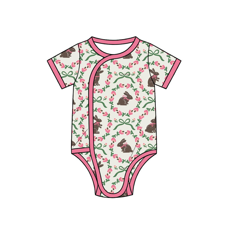 Preorder (moq 5) Baby Girl Clothes Brown Bunny Pink Floral Green Bow Mixed Print Short Sleeve Side Snap Baby Bodysuit