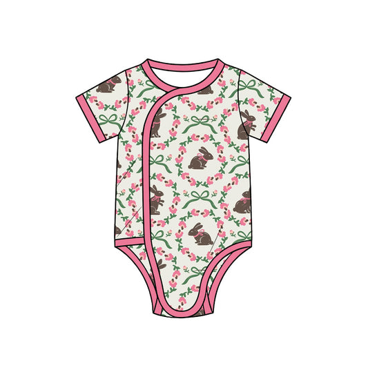 Preorder (moq 5) Baby Girl Clothes Brown Bunny Pink Floral Green Bow Mixed Print Short Sleeve Side Snap Baby Bodysuit