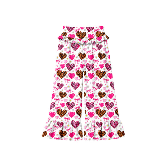 Preorder (moq 5) Baby Girl Clothes Leopard Heart Bow Mixed Print Long Waist Ruffle Bell Bottom Pants