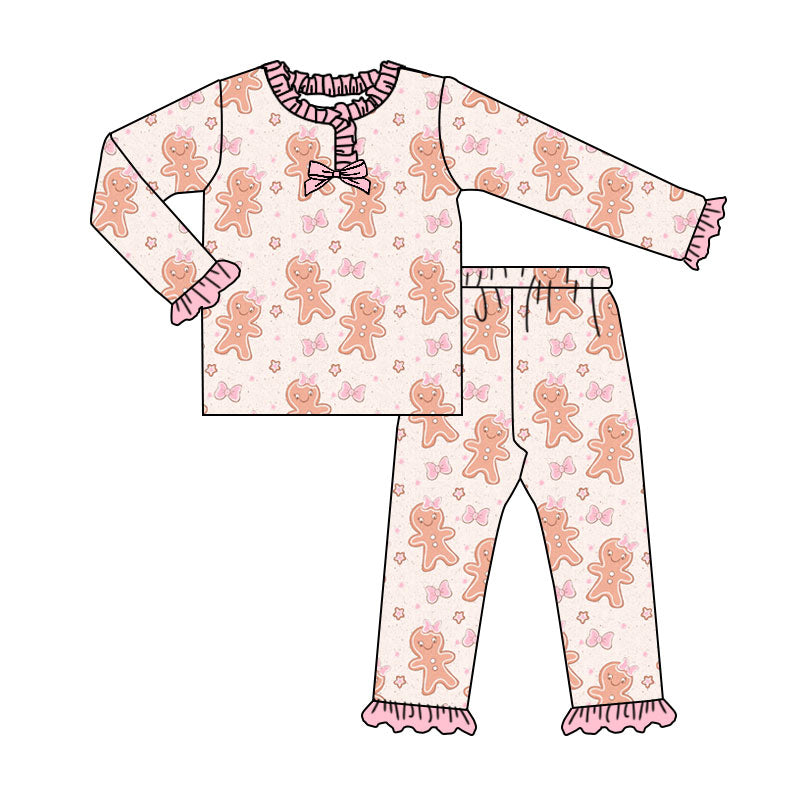 Preorder (moq 5)Baby Girls Pink Gingerbread Bows Top Ruffle Pants Christmas Pajamas Sets