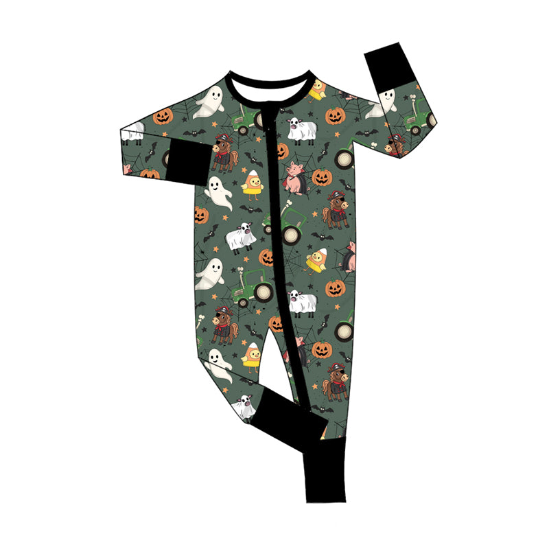 Preorder(moq 5)Baby Infant Boys Long Sleeves Ghost Pumpkins Halloween Zipper Rompers