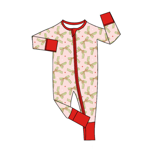 Preorder (moq 5)Baby Girls Checked Bows Stars Christmas Two Way Zip Convertible Rompers