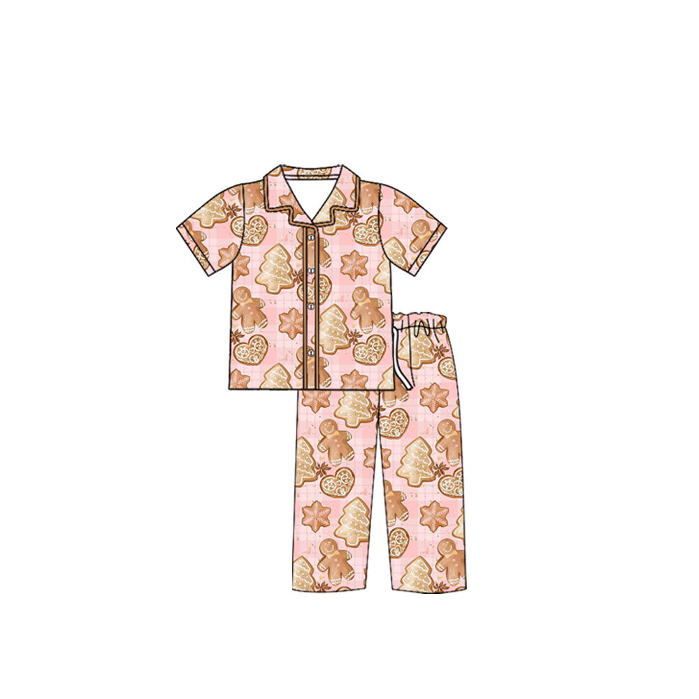 preorder(moq 5) Baby Girls Short Sleeves Pink Gingerbread Trees Button Top Pants Pajamas Set