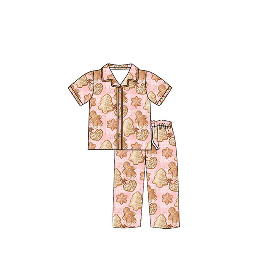 preorder(moq 5) Baby Girls Short Sleeves Pink Gingerbread Trees Button Top Pants Pajamas Set