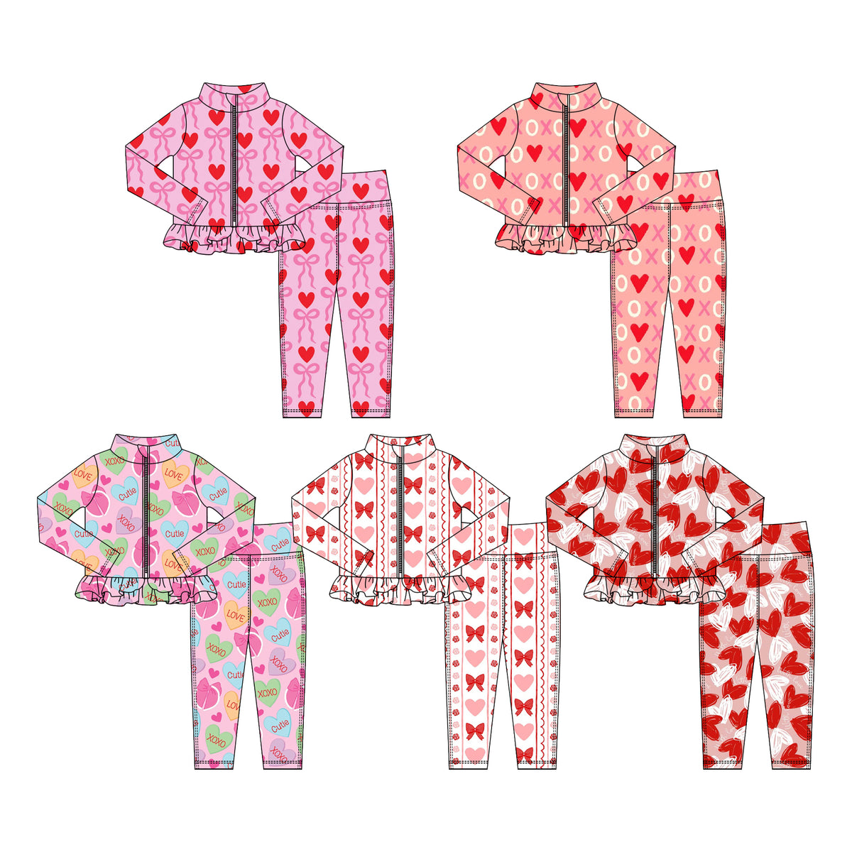 Preorder (moq 5) Baby Girl Clothes Valentines Heart Bow Print Zip Up Ruffle Top Legging Set