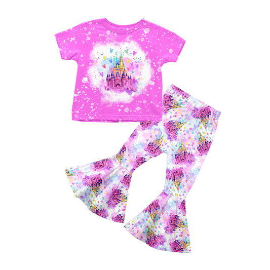Preorder (moq 5)Baby Girls Purple Short Sleeves Castle Balloons Top Bell Bottom Pant Set