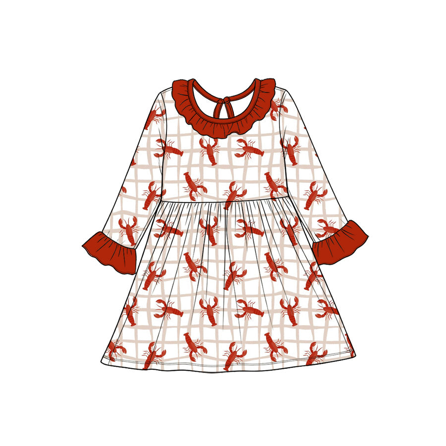 Preorder(moq5) Baby Girl Clothes Crawfish Grid Background Print Long Sleeve Ruffle Twirl Dress