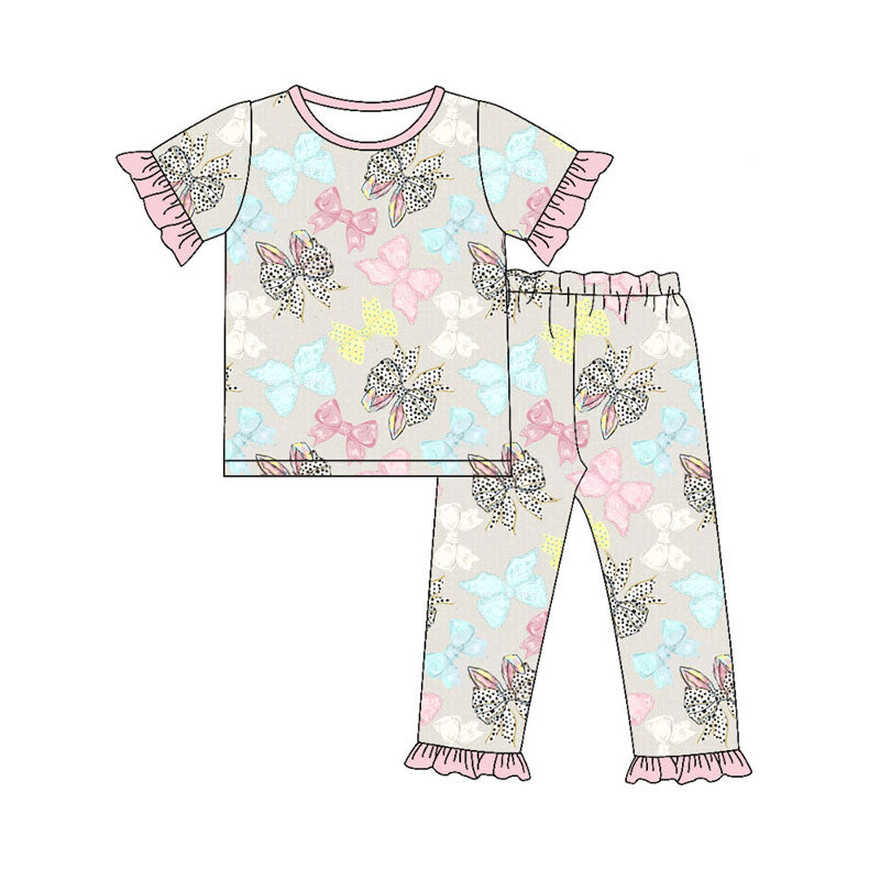 Preorder(moq 8)Baby Girls Rabbit Bows Plaid Top Ruffle Pants Easter Pajamas Sets