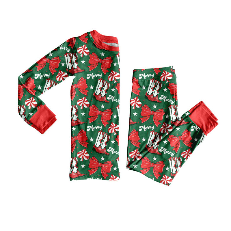 Preorder (moq 5)Baby Girls Red Bows Boots Top Ruffle Pants Merry Christmas Pajamas Sets