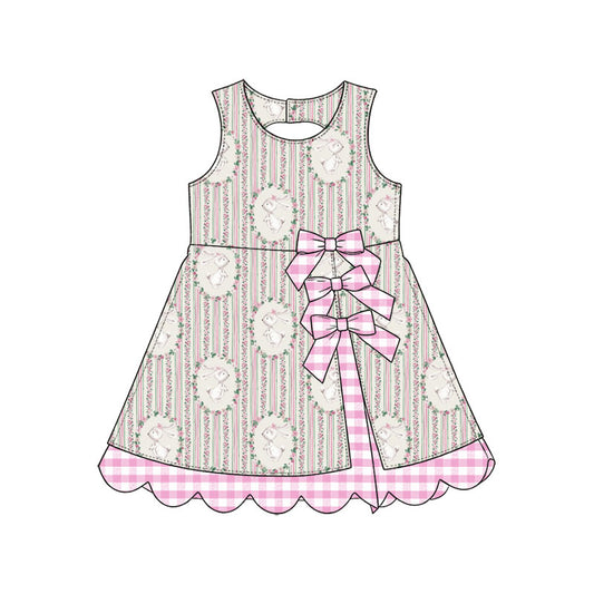 Preorder (moq 5) Baby Girl Clothes Easter Bunny Floral Oval Frame Stripe Print Sleeveless Bow Scallop Hem Boutique Dress