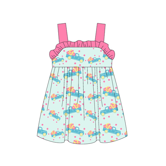 Preorder (moq 5)Baby Girls Pink Strap Flowers Trucks Knee Length Dresses